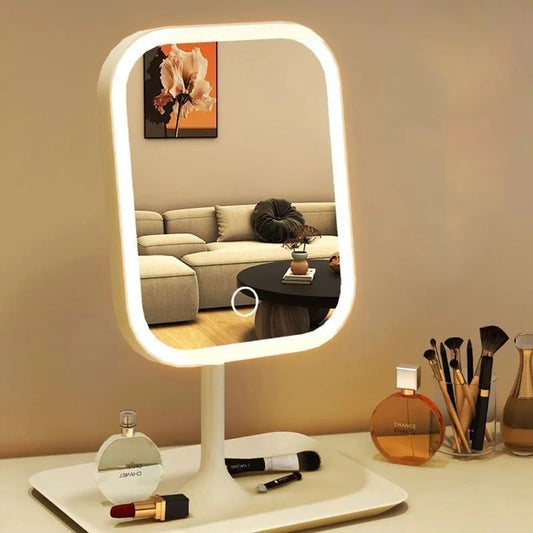 New 1Pc LED Modern Desktop Vanity Mirror, Portable 3 Color Light LED Makeup Mirror Touching Mirror Women Bedroom Dressing Mirror