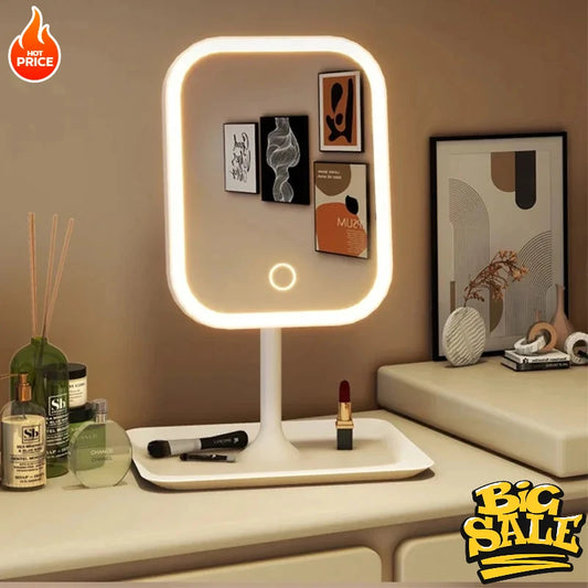 New 1Pc LED Modern Desktop Vanity Mirror, Portable 3 Color Light LED Makeup Mirror Touching Mirror Women Bedroom Dressing Mirror