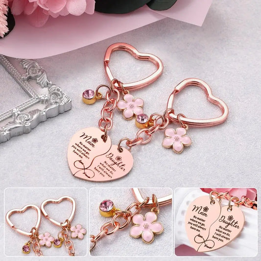 1 Set Gifts for Mom Mom Daughter Keyring Stainless Steel Versatile Matching Keychain Set Engraved Elegant Heart Shape Keyring